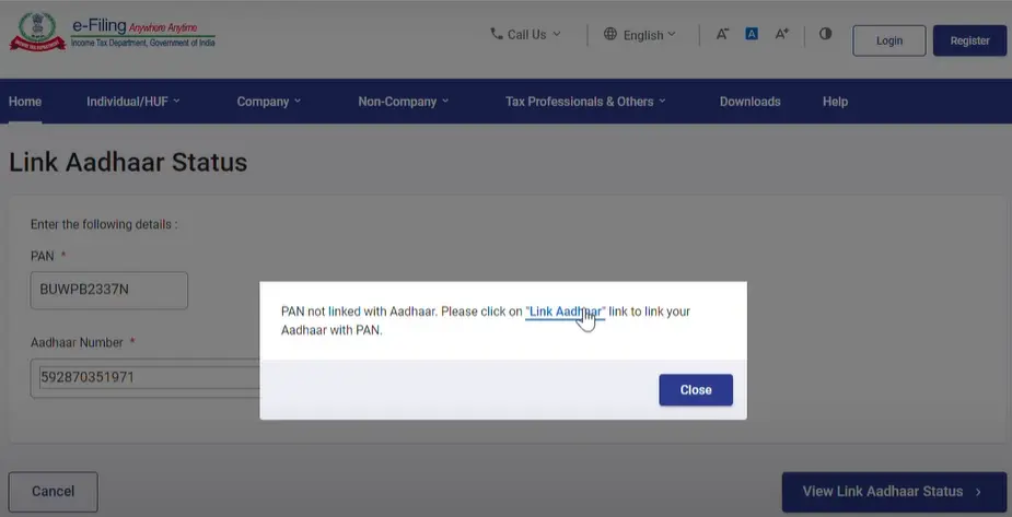 Aadhaar PAN link status